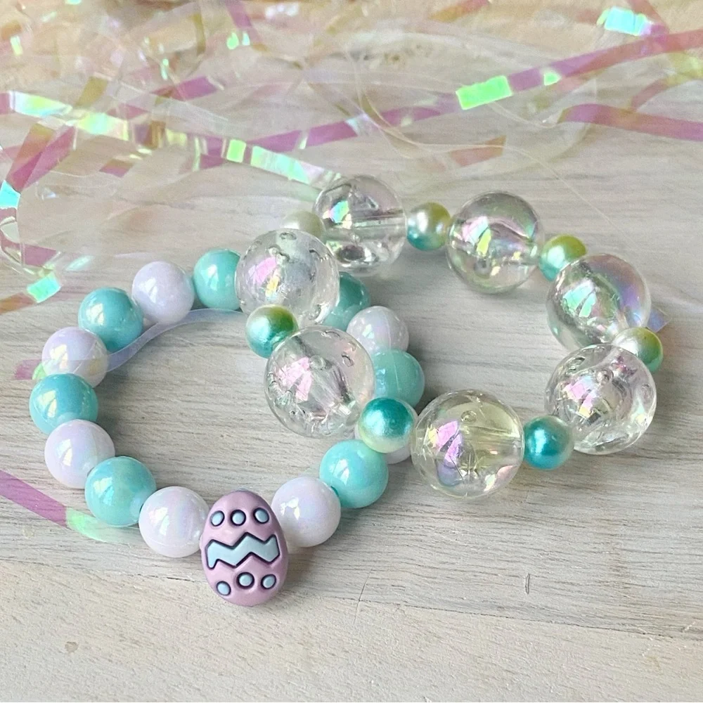 Girls Easter Egg Bracelet Set Kids Pastel Beaded Stretch Handmade Lavender Blue